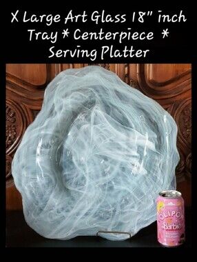 18" Art Glass XL Marbled Tray Platter Centerpiece White Light Blue Gray Clear